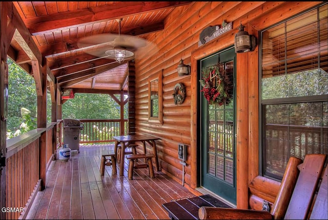 deck with ceiling fan and grilling area