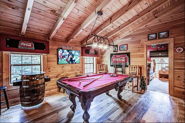 game room featuring hardwood / wood-style flooring, billiards, wooden ceiling, and wood walls