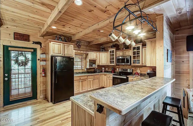 kitchen with appliances with stainless steel finishes, wood ceiling with exposed beams, wood walls, light wood-style floors, and a peninsula