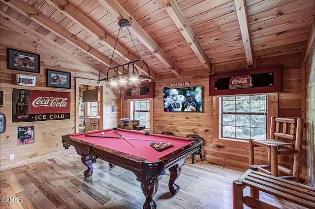 game room with wooden ceiling, wooden walls, wood-type flooring, and billiards