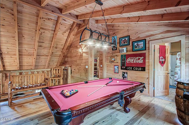 rec room featuring wood ceiling, wood-type flooring, wood walls, and pool table
