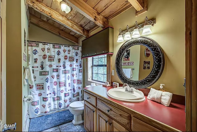 bathroom with wooden ceiling, tile patterned floors, toilet, vanity, and a shower with curtain