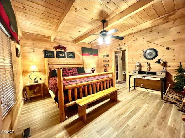 bedroom featuring wooden ceiling with exposed beams, wooden walls, and wood finished floors