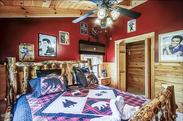 bedroom featuring wooden ceiling with exposed beams, high vaulted ceiling, wooden walls, and carpet flooring