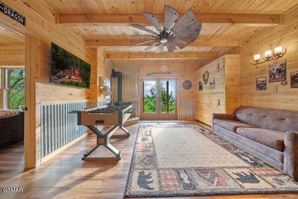 game room with wood walls and plenty of natural light