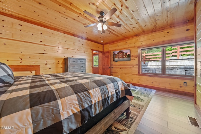 bedroom with wood walls, visible vents, wood ceiling, and wood finished floors