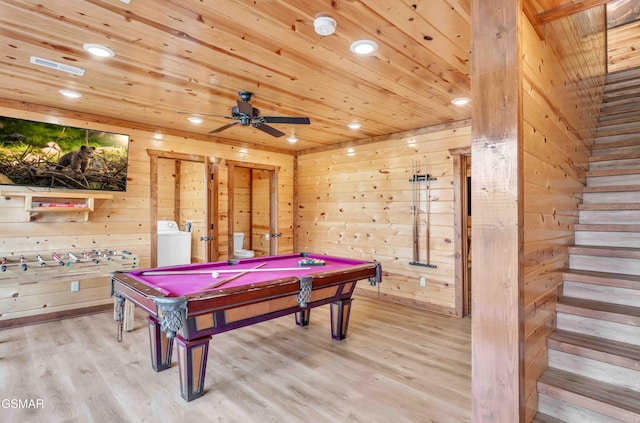 playroom with ceiling fan, wooden ceiling, wood walls, wood finished floors, and billiards