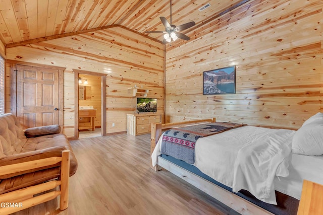 bedroom featuring light wood-type flooring, wooden ceiling, wood walls, and vaulted ceiling