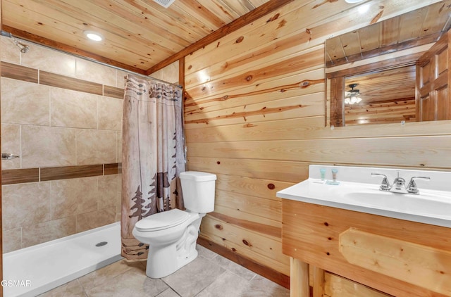 bathroom featuring vanity, a stall shower, toilet, wood walls, and wooden ceiling