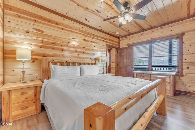 bedroom with wooden walls, wood ceiling, light wood-type flooring, and a ceiling fan
