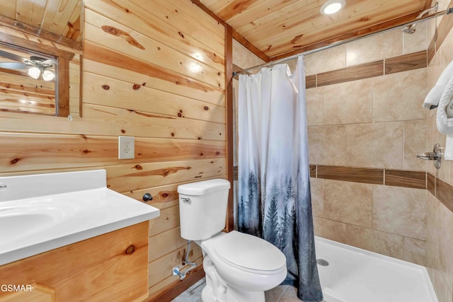 bathroom featuring wood walls, a shower stall, and toilet