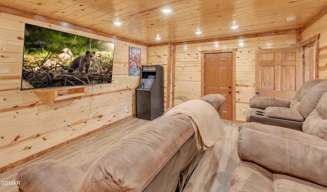 interior space featuring recessed lighting, wooden walls, and wooden ceiling