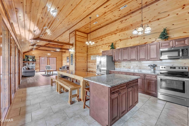 kitchen featuring a notable chandelier, wood walls, appliances with stainless steel finishes, wooden ceiling, and hanging light fixtures