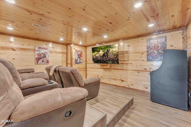 home theater with recessed lighting, wooden walls, wood ceiling, and wood finished floors