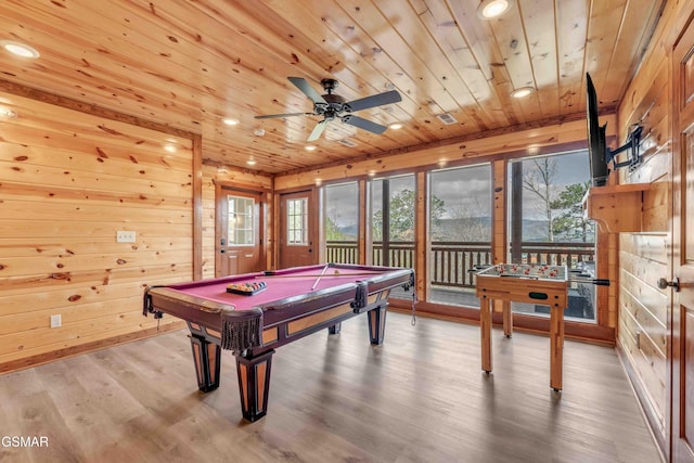 game room featuring billiards, wooden ceiling, wood finished floors, and a healthy amount of sunlight