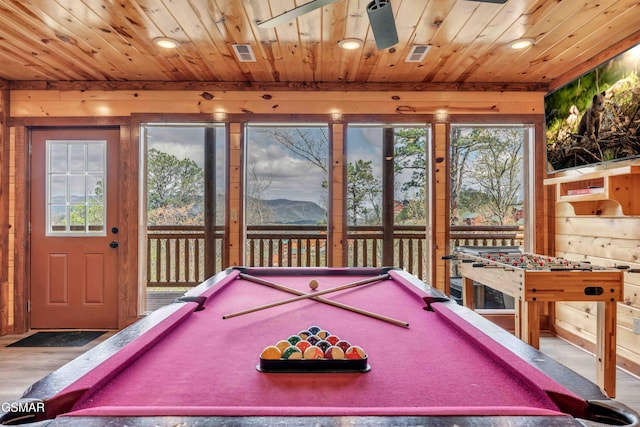 recreation room featuring pool table, visible vents, wooden ceiling, and wood finished floors
