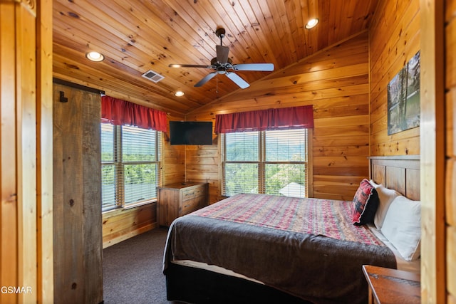 768 Mountain Stream Way, Gatlinburg, TN 37738 - carpeted bedroom featuring lofted ceiling, recessed lighting, wooden ceiling, visible vents, and wood walls