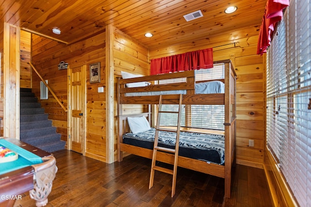 768 Mountain Stream Way, Gatlinburg, TN 37738 - bedroom featuring wood-type flooring, visible vents, wooden ceiling, wooden walls, and recessed lighting