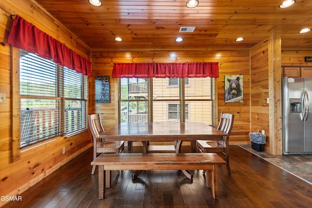 768 Mountain Stream Way, Gatlinburg, TN 37738 - dining area with recessed lighting, wooden ceiling, visible vents, wood walls, and dark wood-style floors