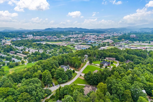 drone / aerial view featuring a mountain view