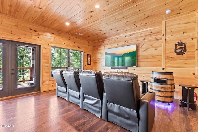 3181 Thomas Headrick Rd, Sevierville, TN 37862 - home theater with wood walls, wood ceiling, dark wood-type flooring, and recessed lighting