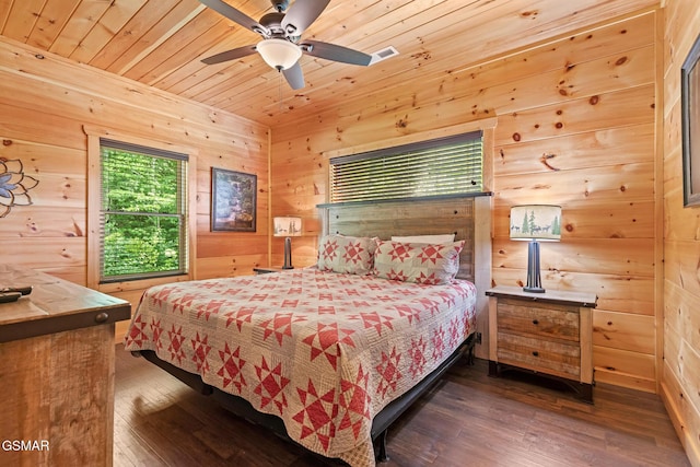 3181 Thomas Headrick Rd, Sevierville, TN 37862 - bedroom with wooden walls, dark wood-style floors, wooden ceiling, and a ceiling fan