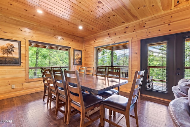 3181 Thomas Headrick Rd, Sevierville, TN 37862 - dining room with wooden walls, dark wood finished floors, recessed lighting, and wooden ceiling