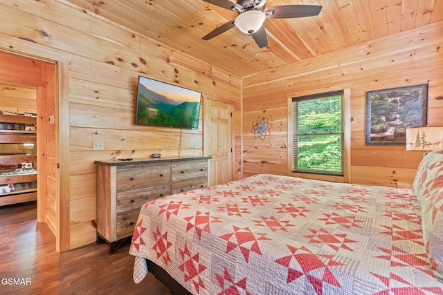 3181 Thomas Headrick Rd, Sevierville, TN 37862 - bedroom featuring wood ceiling, wooden walls, wood finished floors, and ceiling fan