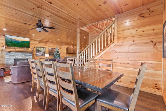 3181 Thomas Headrick Rd, Sevierville, TN 37862 - dining room featuring stairway, dark wood-style floors, wood ceiling, a ceiling fan, and wood walls