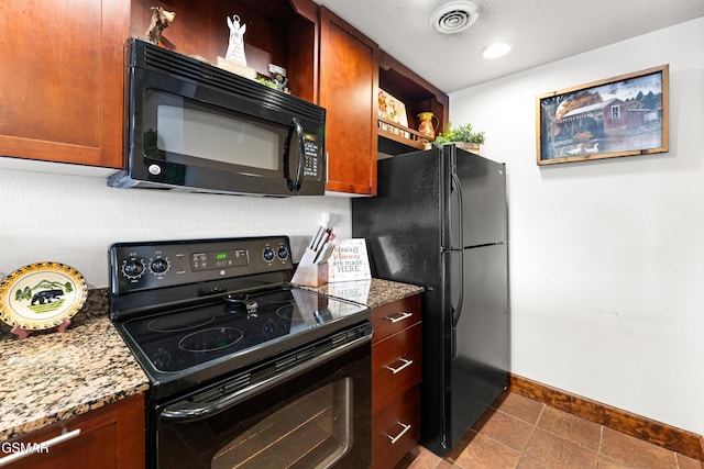 kitchen featuring visible vents, baseboards, stone countertops, black appliances, and open shelves