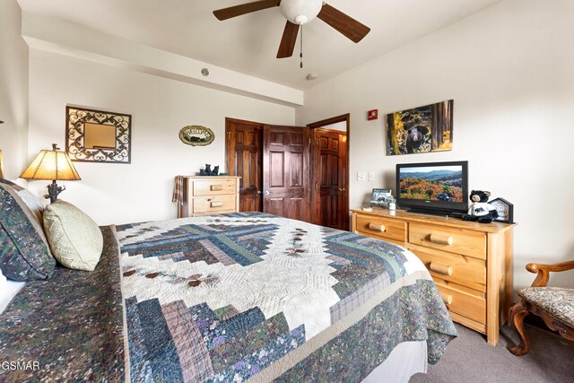 carpeted bedroom with a ceiling fan and a closet