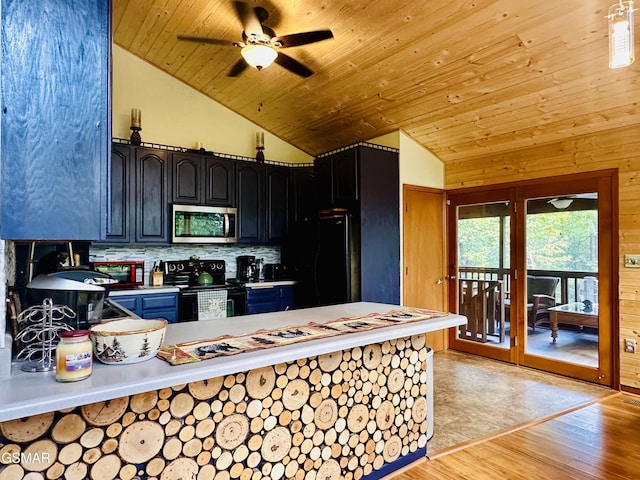 kitchen with wooden ceiling, high vaulted ceiling, backsplash, light hardwood / wood-style floors, and black appliances