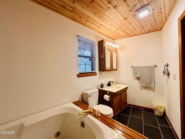 bathroom featuring tile patterned floors, a bathtub, wood ceiling, vanity, and toilet