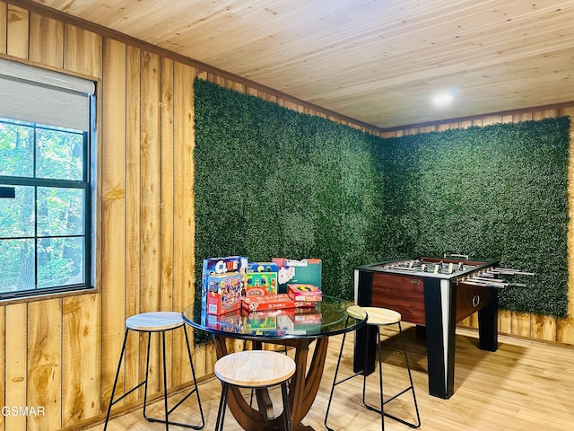 rec room featuring light wood-type flooring, a wealth of natural light, and wooden walls