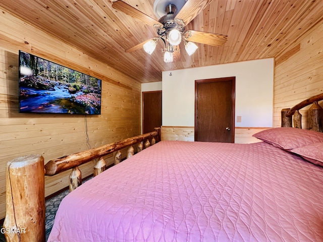 unfurnished bedroom with wooden walls, ceiling fan, and wood ceiling