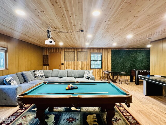 playroom with light wood-type flooring, wood ceiling, wood walls, and billiards