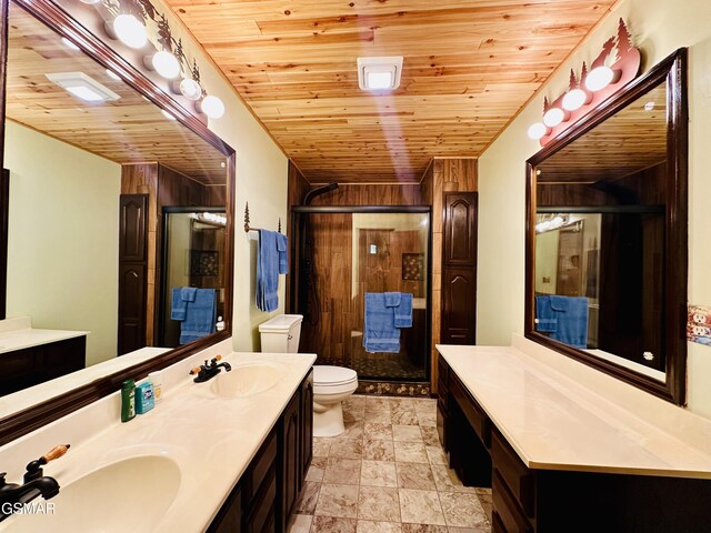 bathroom with an enclosed shower, wood ceiling, vanity, toilet, and wood walls