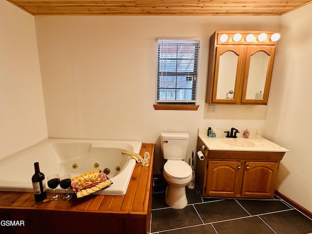 bathroom featuring a tub, wooden ceiling, tile patterned flooring, toilet, and vanity