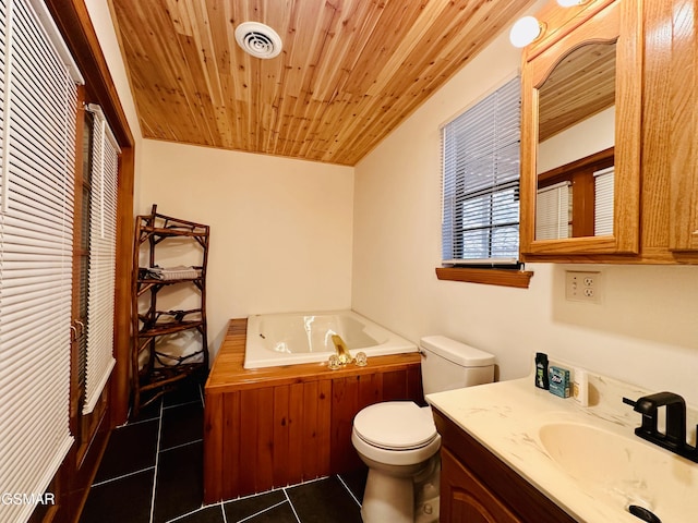 bathroom featuring a washtub, wooden ceiling, tile patterned floors, toilet, and vanity