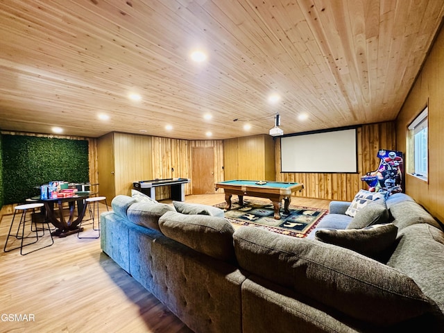 home theater featuring wood walls, light hardwood / wood-style floors, wood ceiling, and billiards