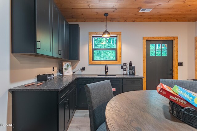 706 Kelly St, Gatlinburg, TN 37738 - kitchen with dark countertops, wood ceiling, decorative light fixtures, and light wood finished floors