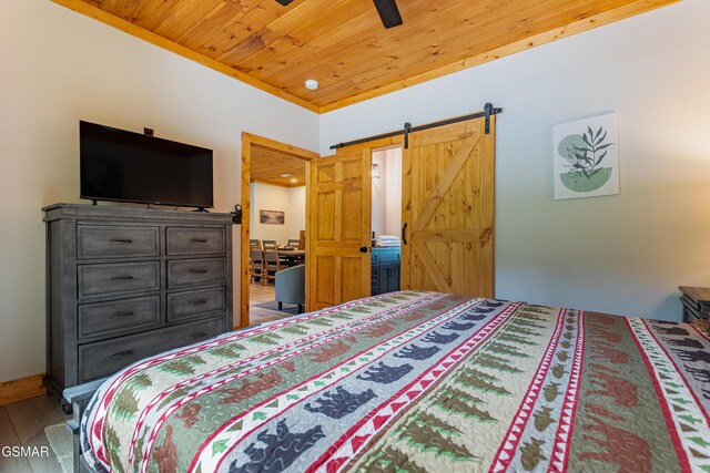 706 Kelly St, Gatlinburg, TN 37738 - bedroom with a barn door, wooden ceiling, wood finished floors, and ceiling fan