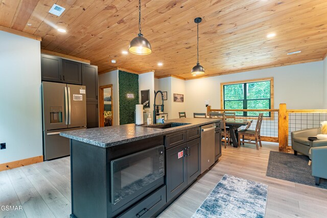 706 Kelly St, Gatlinburg, TN 37738 - kitchen featuring appliances with stainless steel finishes, wooden ceiling, a center island with sink, light wood-style floors, and hanging light fixtures