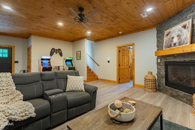 706 Kelly St, Gatlinburg, TN 37738 - living room with wood ceiling, stairs, a fireplace, a ceiling fan, and wood finished floors
