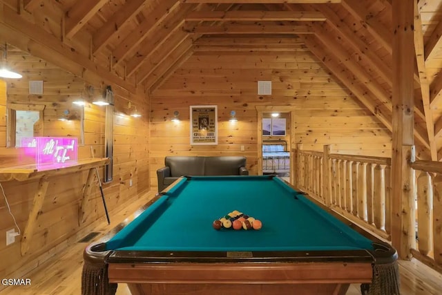 recreation room with wooden walls, indoor bar, wooden ceiling, beamed ceiling, and pool table