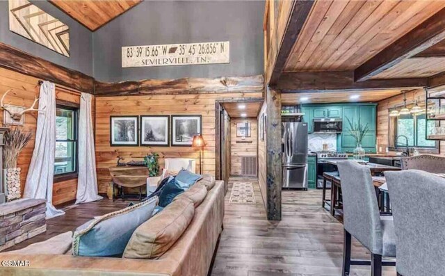 2379 Headrick Lead, Sevierville, TN 37862 - living room featuring hardwood / wood-style floors, wooden ceiling with exposed beams, and wood walls