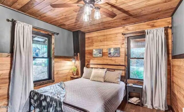 2379 Headrick Lead, Sevierville, TN 37862 - bedroom with wood walls, wood ceiling, wood finished floors, and ceiling fan