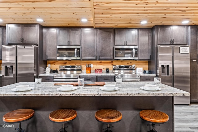 kitchen with dark brown cabinetry, light wood-style floors, a breakfast bar area, wood ceiling, and appliances with stainless steel finishes