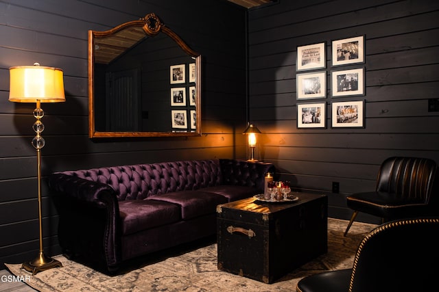 interior space featuring wooden walls