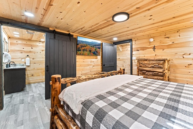 bedroom featuring recessed lighting, wooden ceiling, wood walls, and wood finished floors